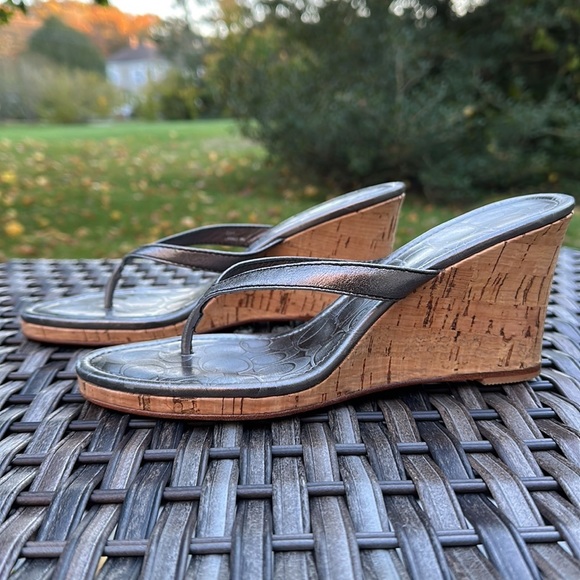 Coach Lannie Metallic Calf Leather Cork Wedge Sandals - Pewter - Picture 5 of 14